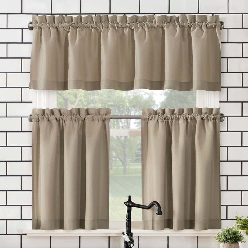 No. 918 Martine Microfiber Semi-Sheer Rod Pocket Kitchen Curtain Valance and Tiers Set, 54" x 24", Taupe - Image 1